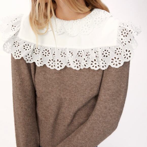 Zara wool blend brown sweater with contrasting collar Small - Picture 2 of 12